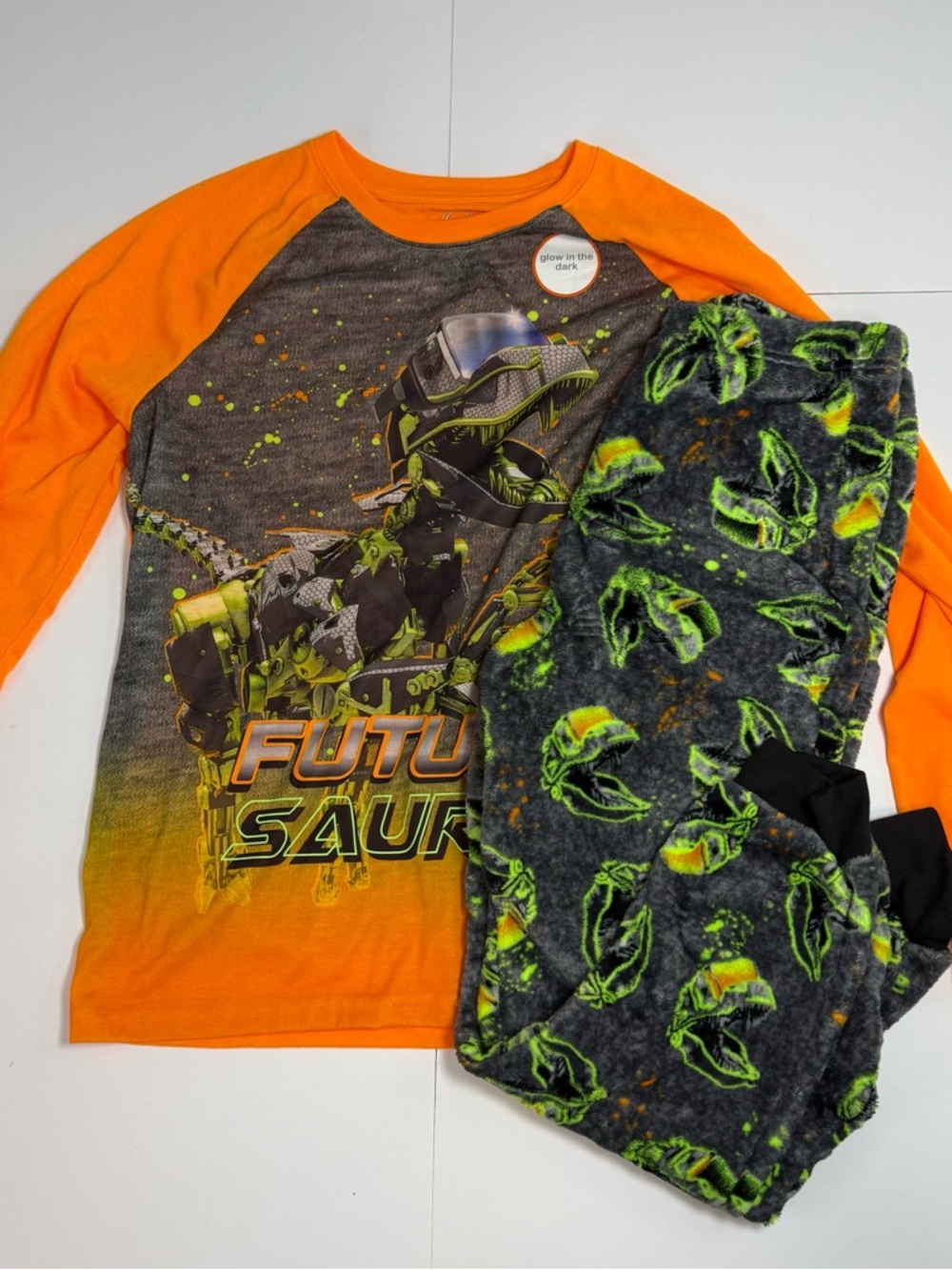 Wonder Nation Boys Glow Dinosaur Pajama Set Orange Future Saurus 10-12 NWT husky